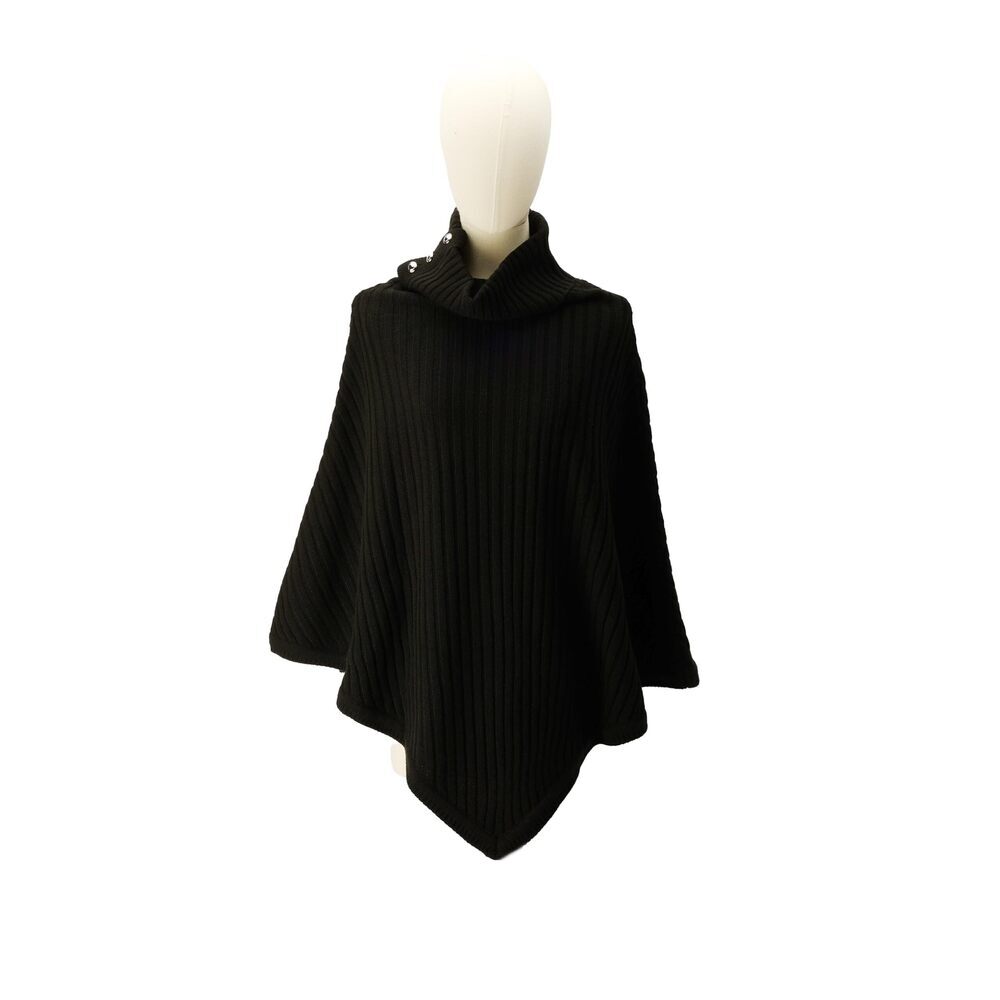Michael Kors Women's Black Wide Rib Button Turtleneck Poncho One Size - Picture 3 of 7